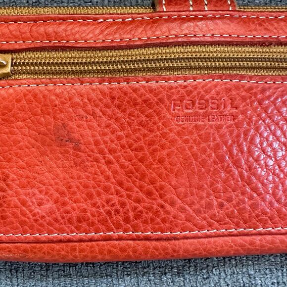 Fossil Women's Orange Genuine Pebble Leather Bi-Fold Snap Button Slim Wallet - Picture 11 of 12